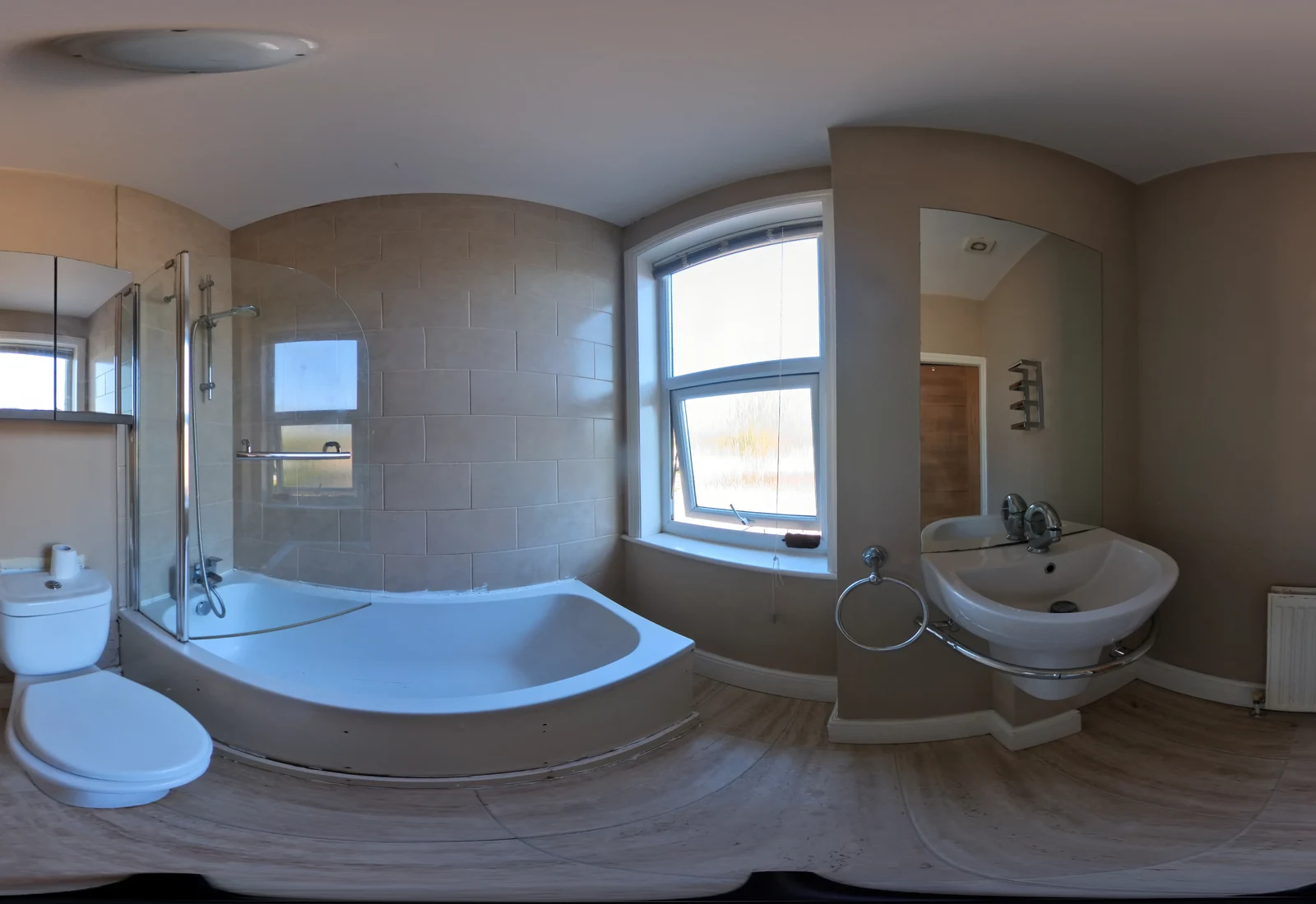 Before the same bathroom renovation, with bath, tiled wall and basin